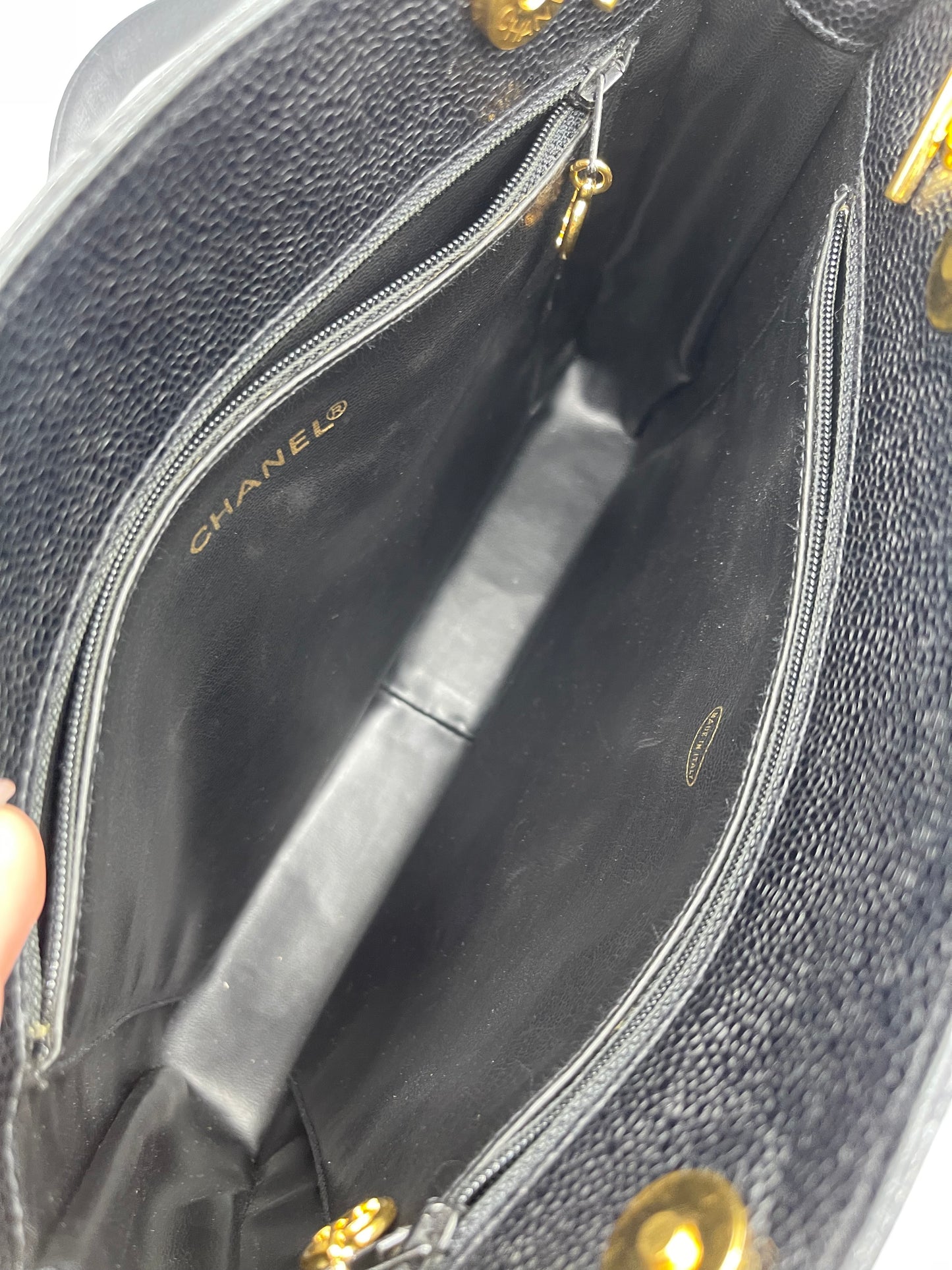 BLACK CHANEL CAVIAR SHOULDER BAG WITH GOLD HARDWARE LONG STRAPS