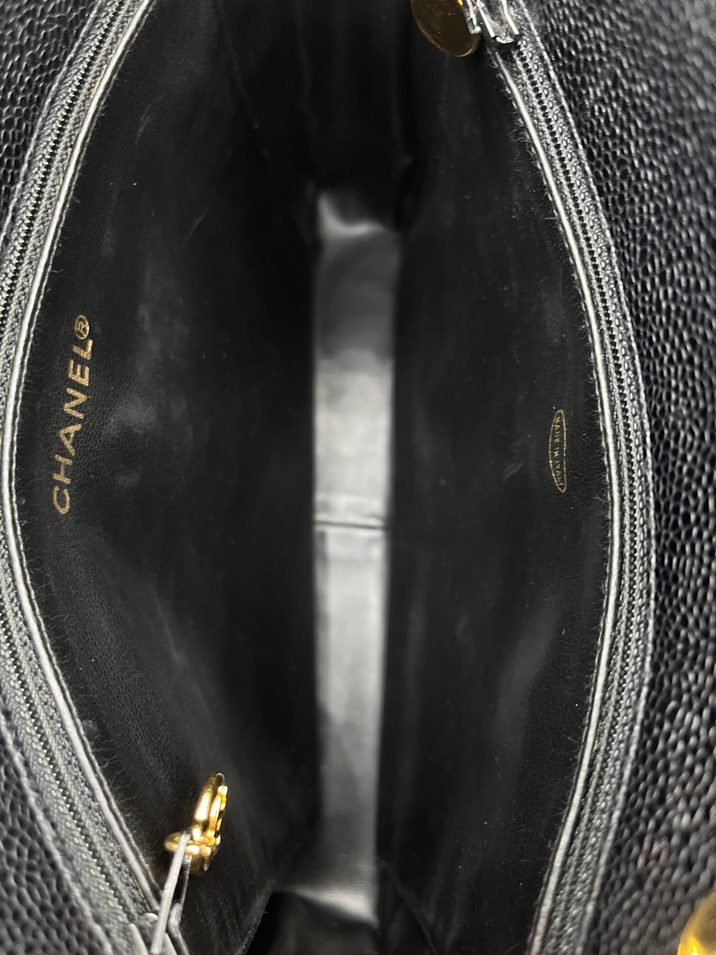 BLACK CHANEL CAVIAR SHOULDER BAG WITH GOLD HARDWARE LONG STRAPS