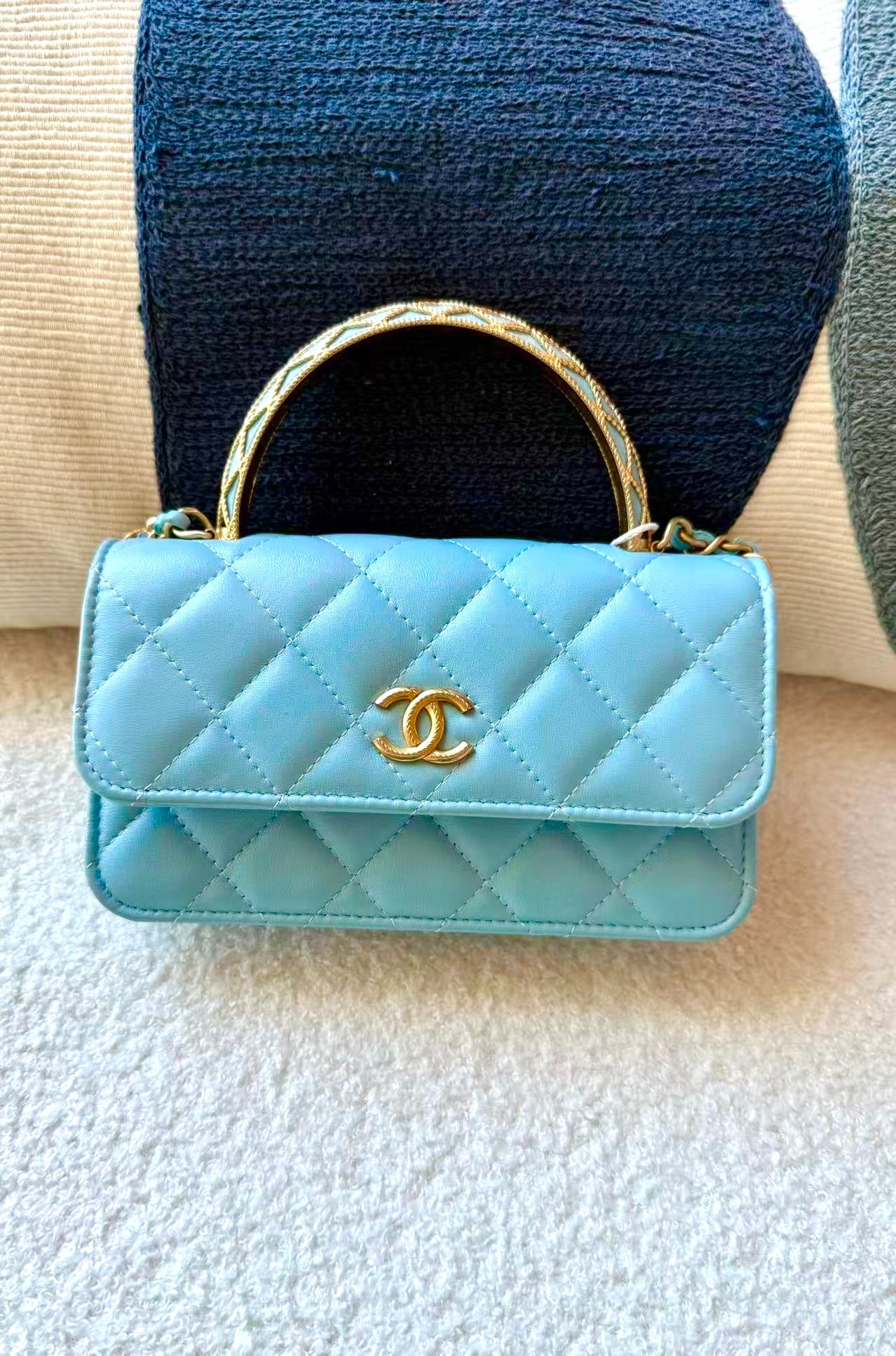 CHANEL MATELASSE CHAIN TOP HANDLE MINI PLUS LIGHT BLUE LAMBSKIN