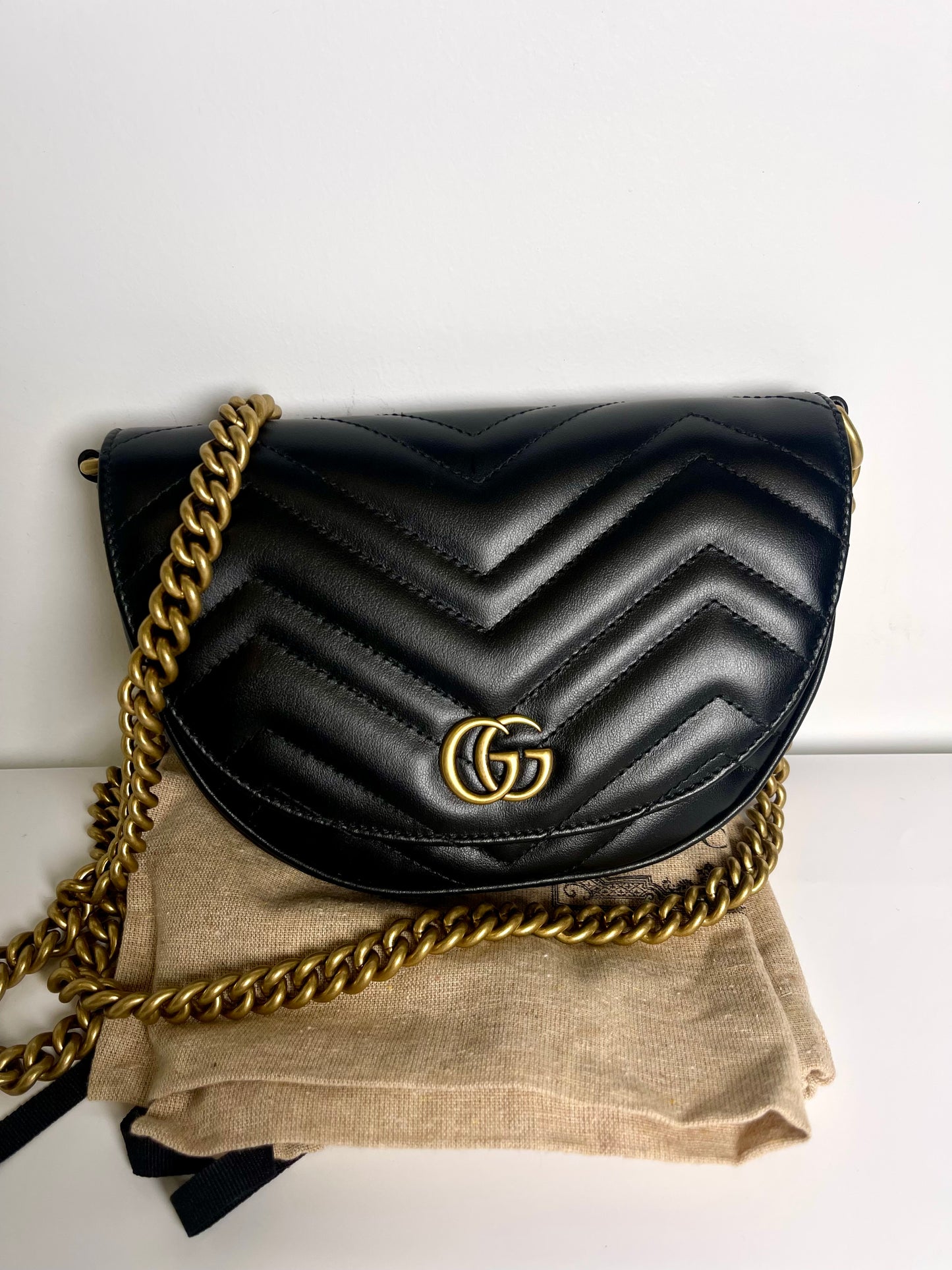 GUCCI BLACK DOUBLE G MARMONT MINI HALF MOON CROSSBODY