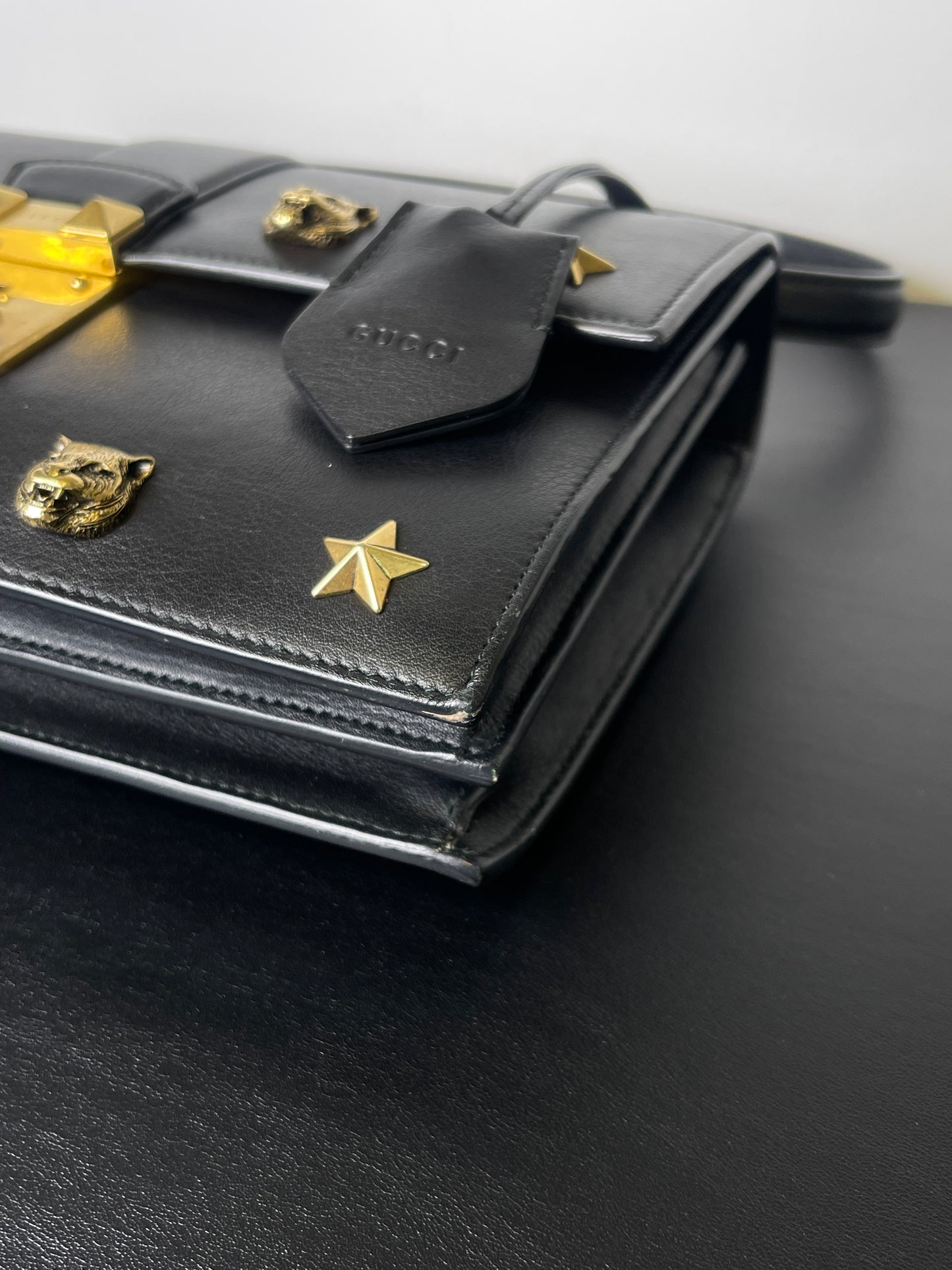 GUCCI BLACK SHOULDER BAG STUDDED GOLD HARDWARE