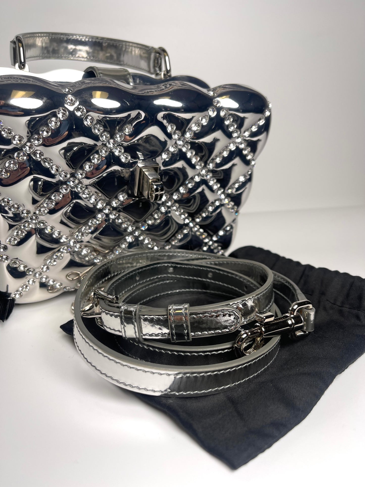 DOLCE & GABBANA DOLCE BOX RHINESTONES SILVER TOP HANDLE