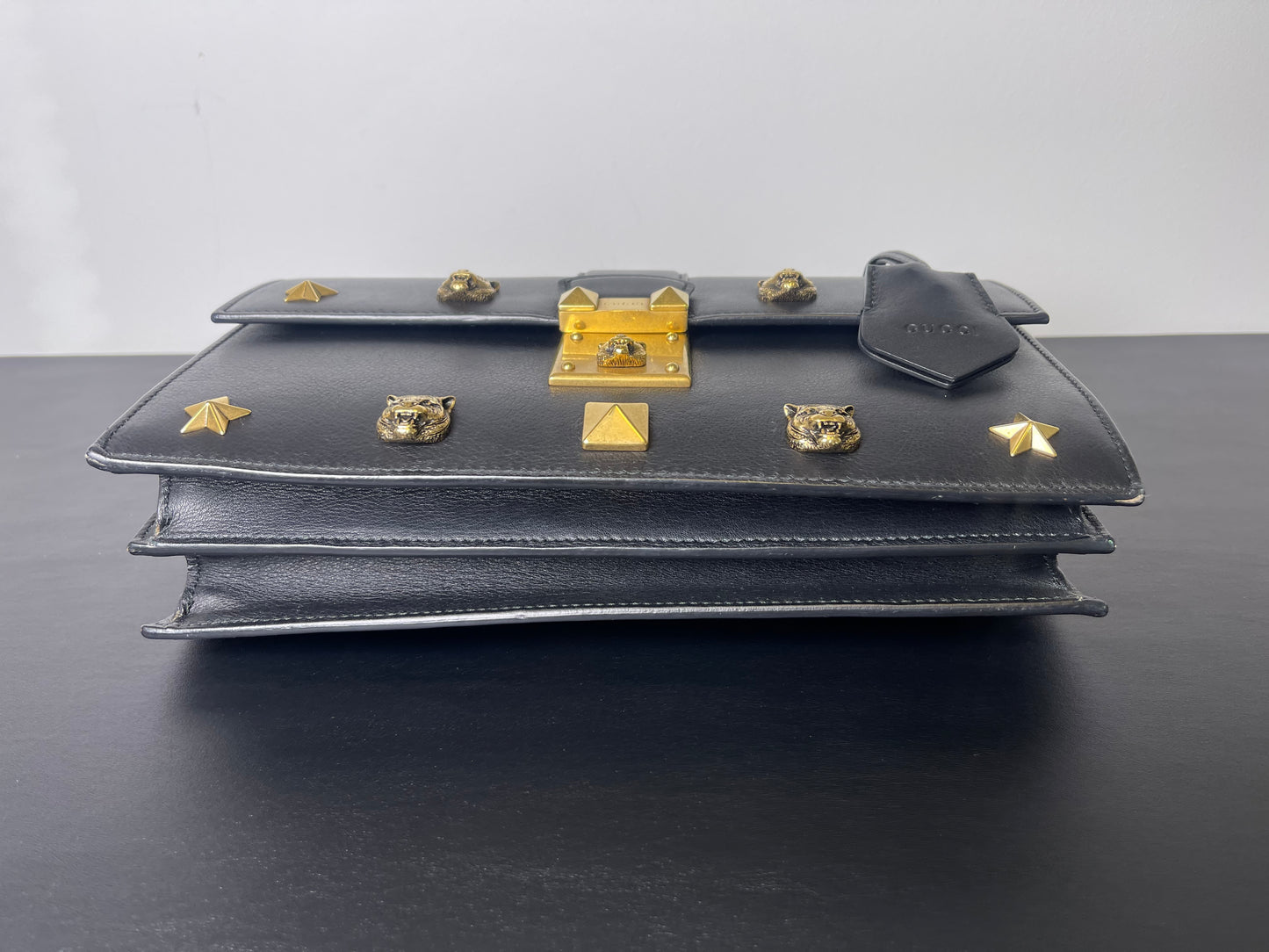 GUCCI BLACK SHOULDER BAG STUDDED GOLD HARDWARE