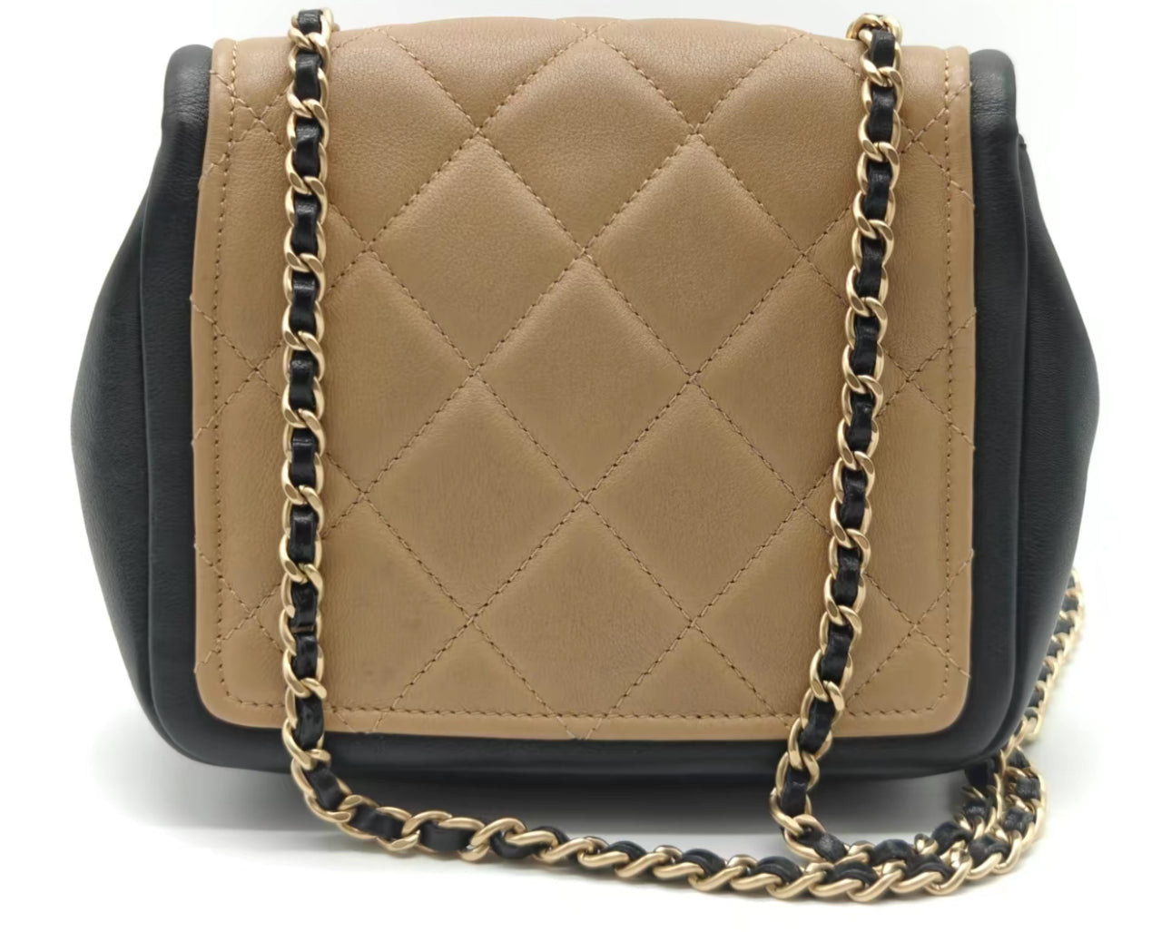 MINI CHANEL FLAP BAG CROSSBODY BEIGE & BLACK LAMBSKIN