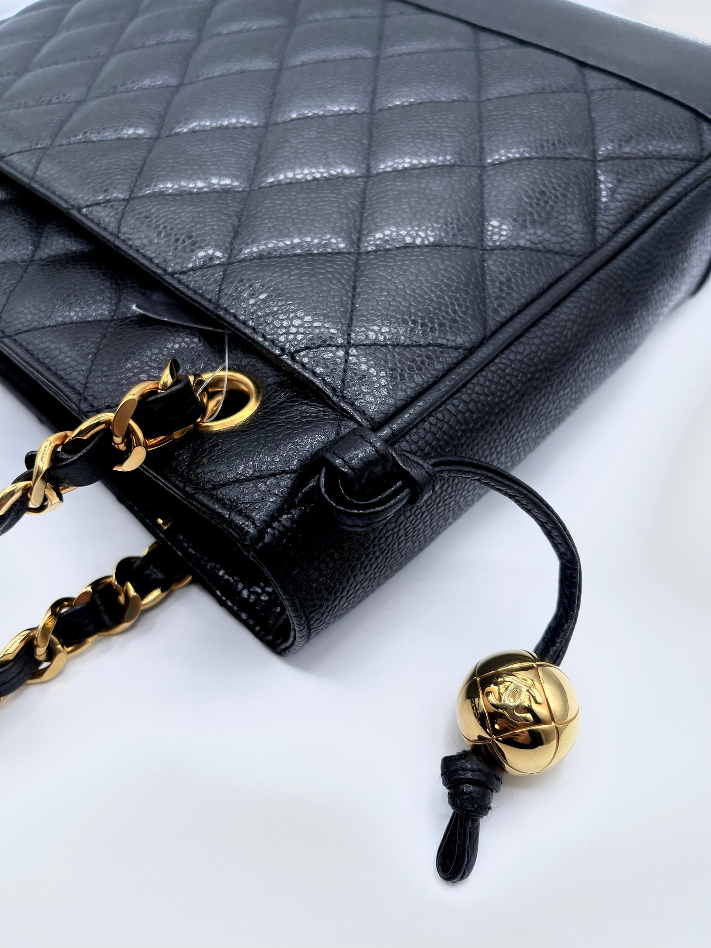 BLACK CHANEL CAVIAR SHOULDER BAG WITH GOLD HARDWARE LONG STRAPS