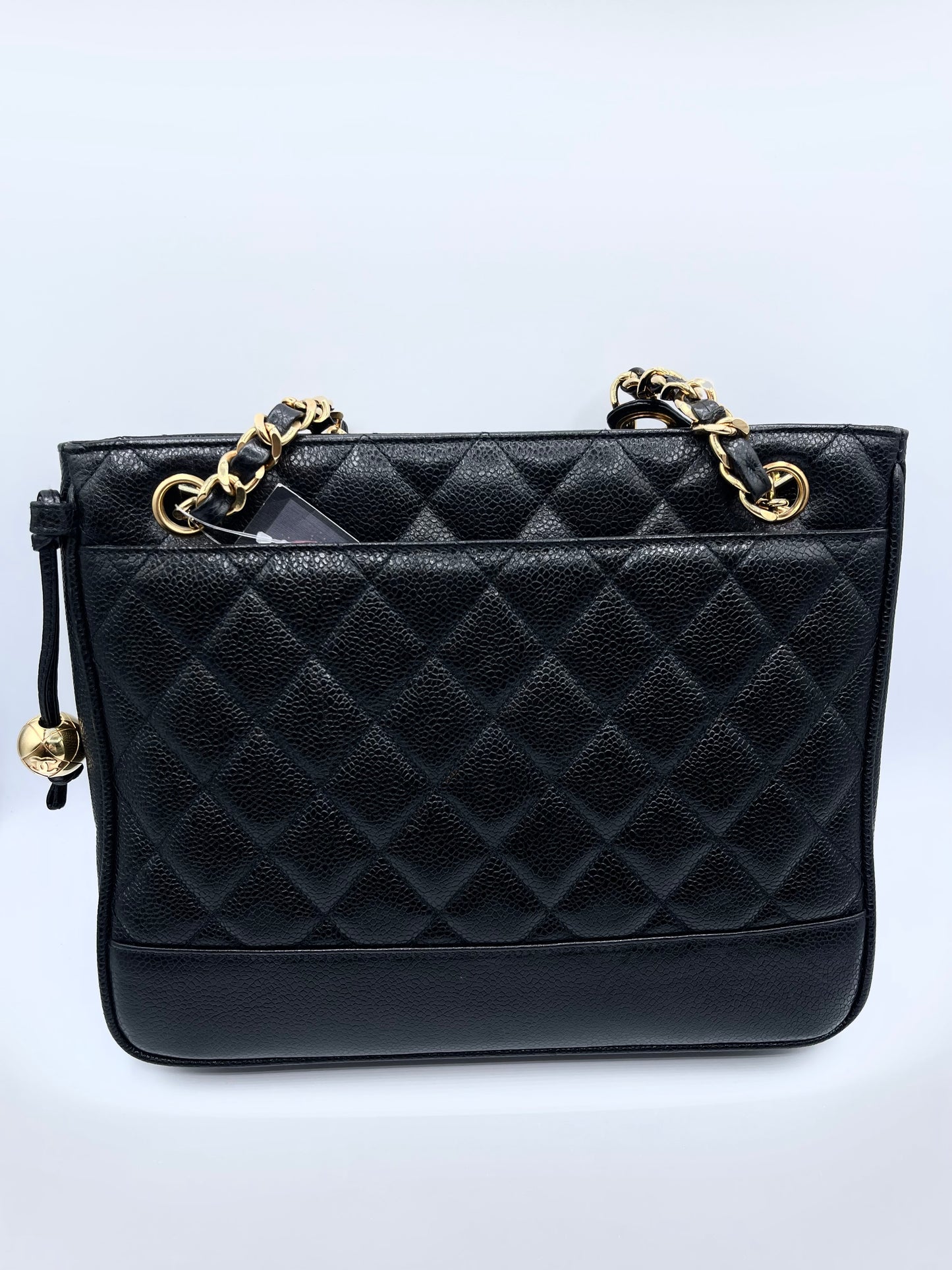 BLACK CHANEL CAVIAR SHOULDER BAG WITH GOLD HARDWARE LONG STRAPS
