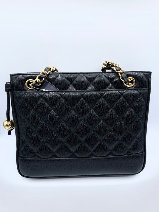 BLACK CHANEL CAVIAR SHOULDER BAG WITH GOLD HARDWARE LONG STRAPS