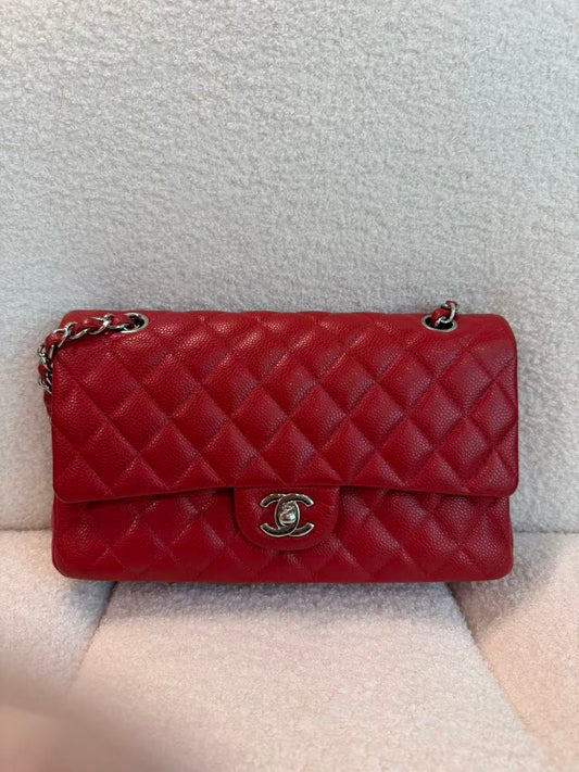 CHANEL CLASSIC DOUBLE FLAP QUILTED MEDIUM RED SILVER